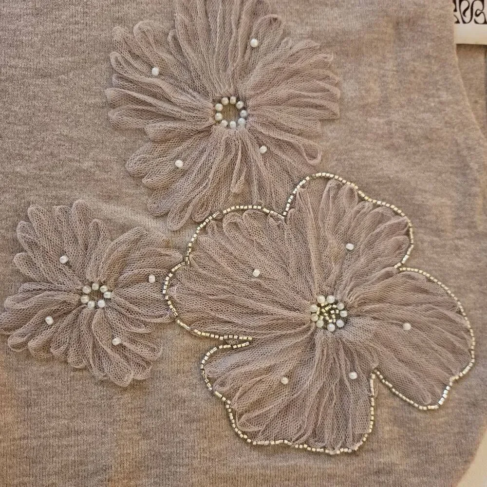 LIV Milano Womens Pearl Embellished Floral Applique Knit Sweater Taupe Large